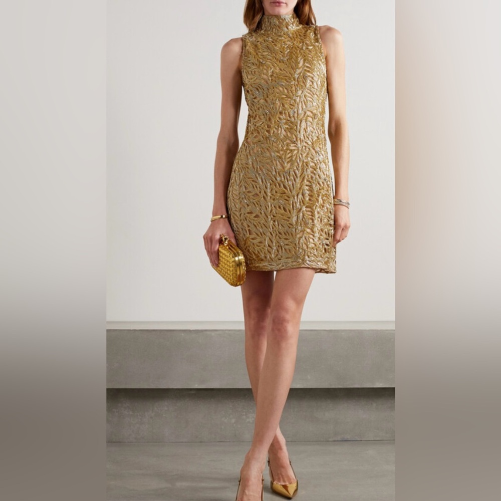 REEM ACRA Embellished metallic embroidered tulle mini dress